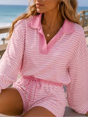 Women's Pink Striped Polo Swim Coverup Set